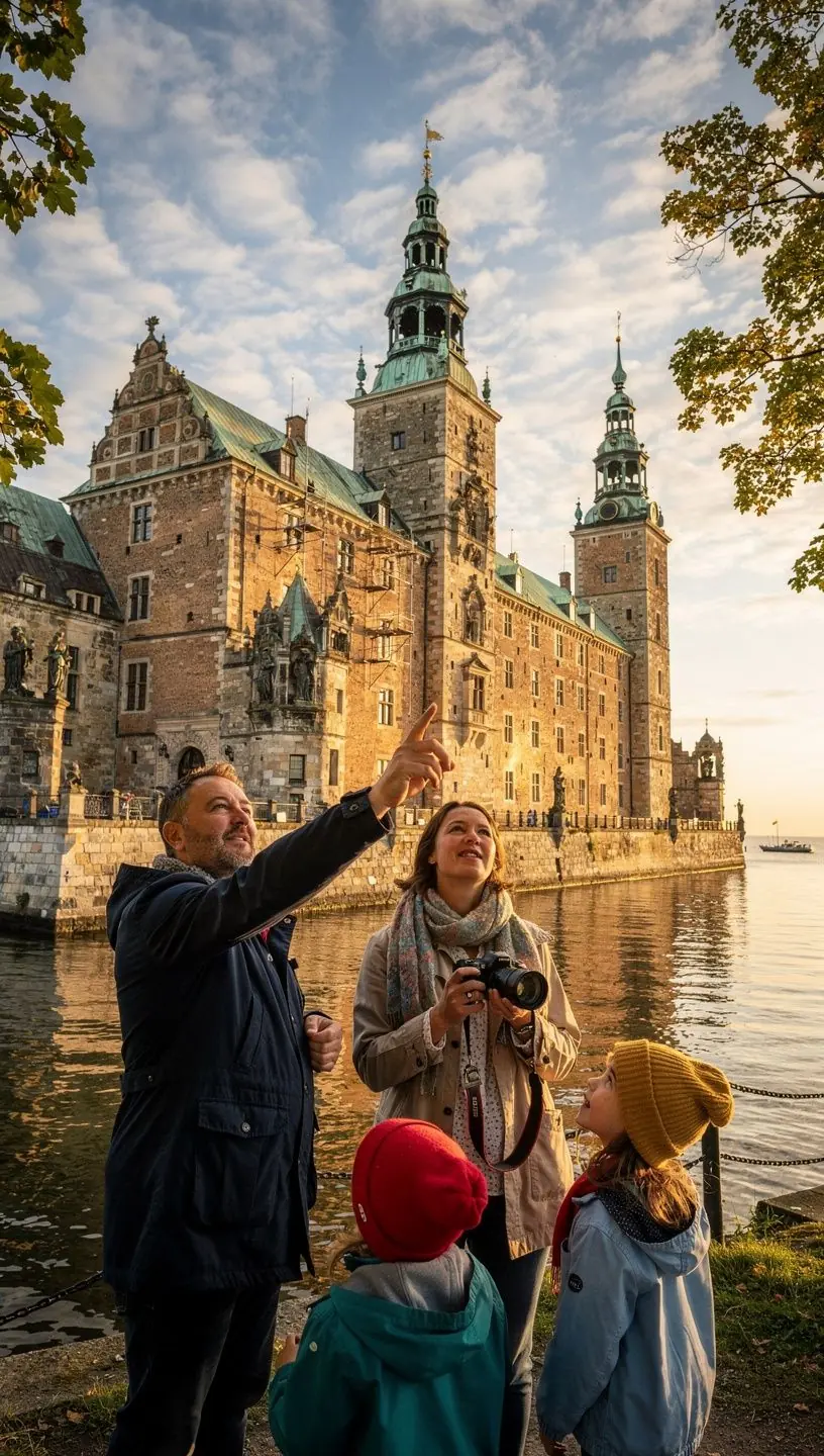 Smukt anlagt herregårdshave med stier, der forbinder gamle bygninger og udendørs skulpturer.